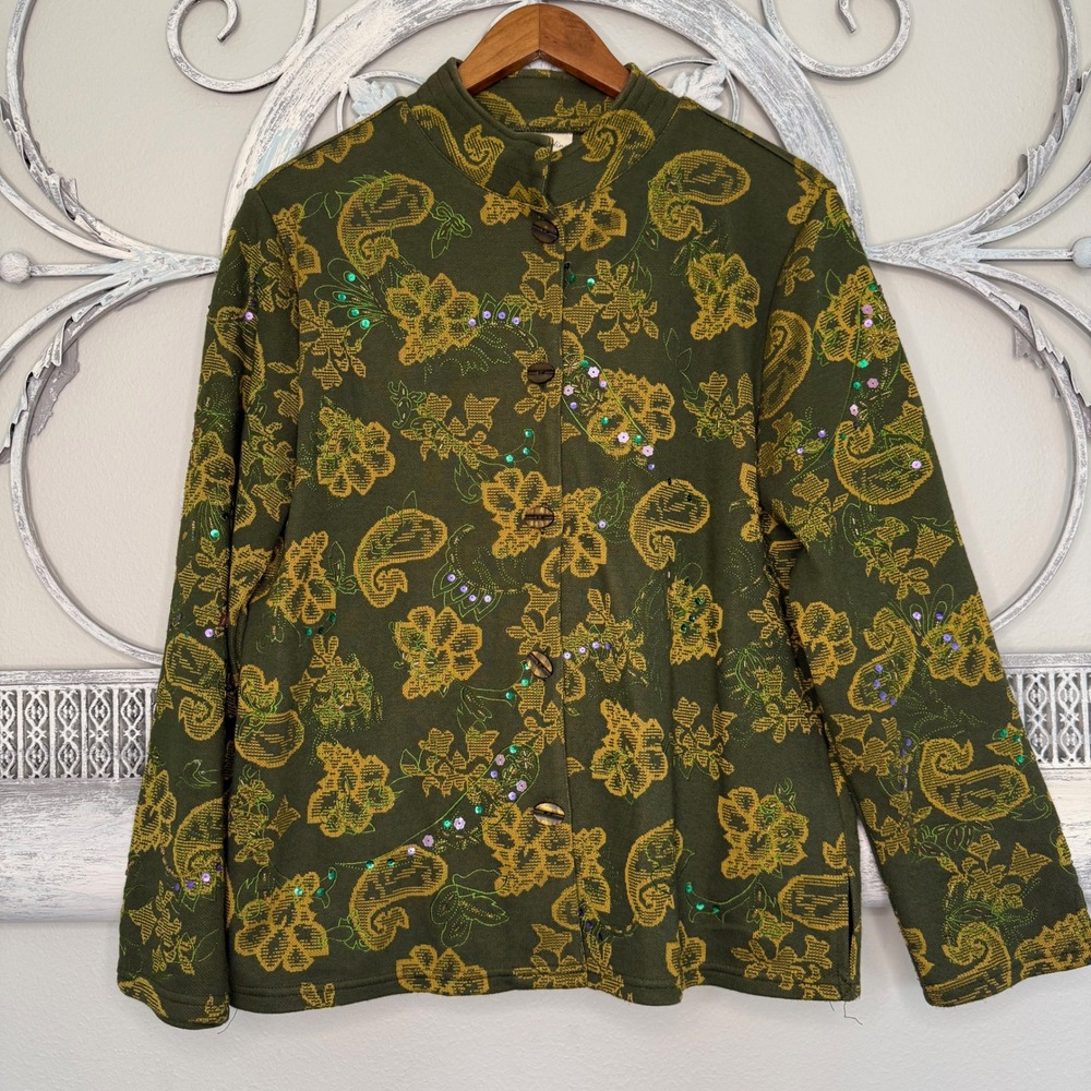 Marsh Landing Womens Medium Olive Green Beaded Paisley Floral Knit Jacket M